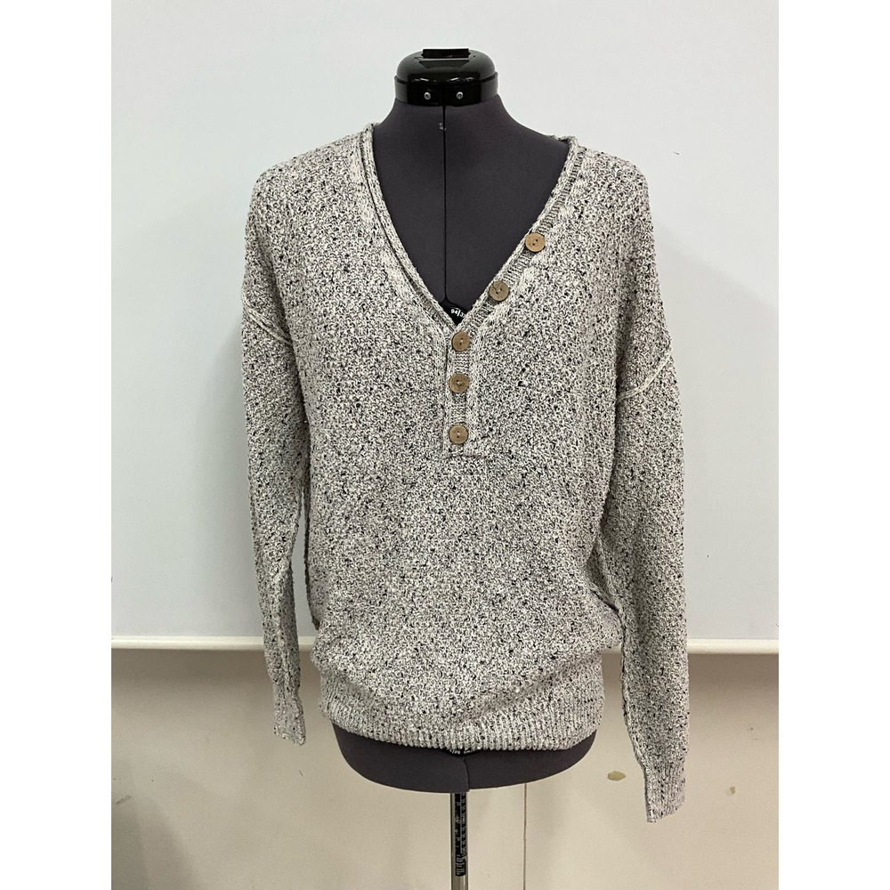 Womens Just Fashion Now Size L White Black Gray V Neck Sweater Button Accents
